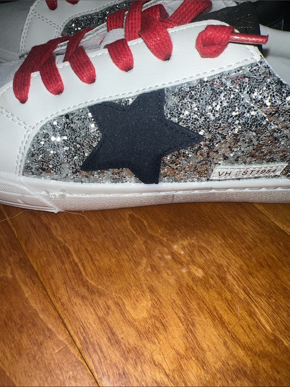 Women’s White Sneakers with Silver Glitter & Red Laces - Picture 5 of 6